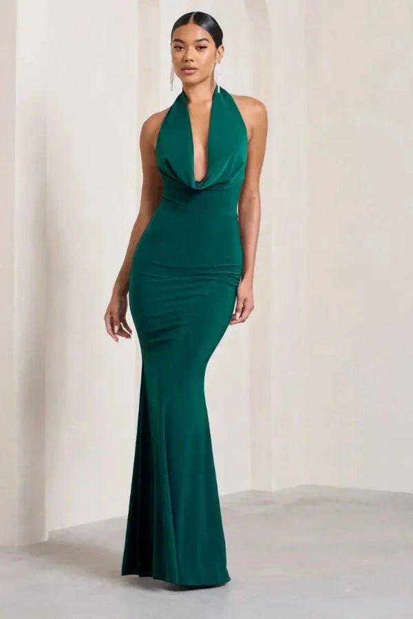 Green Halter Gown Cowl Neck Backless Maxi Dress | Formal Evening Gown for Black  Tie Wedding Guest & Prom