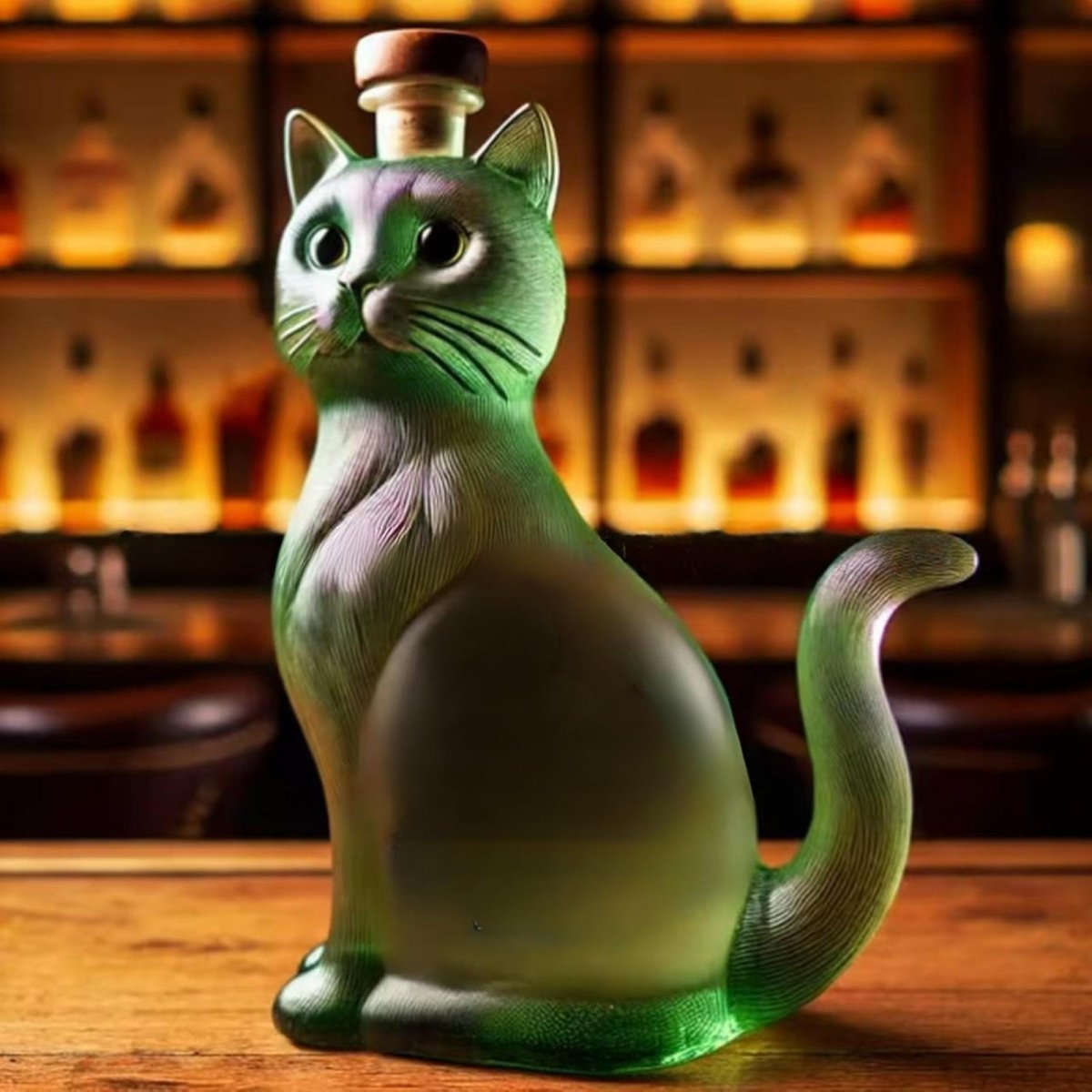 Side profile of the Kouvr green frosted glass cat-shaped decanter with its tail curled, sitting on a wooden bar top with a softly lit bar in the background.