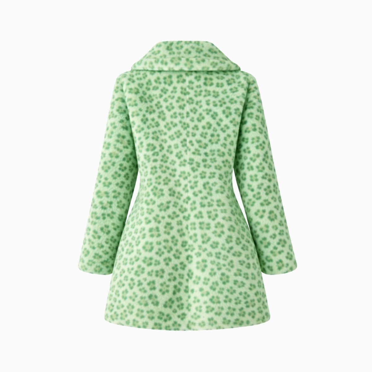 Product shot of the back of the Kouvr green leopard print faux fur coat, displaying the full pattern on a white background.