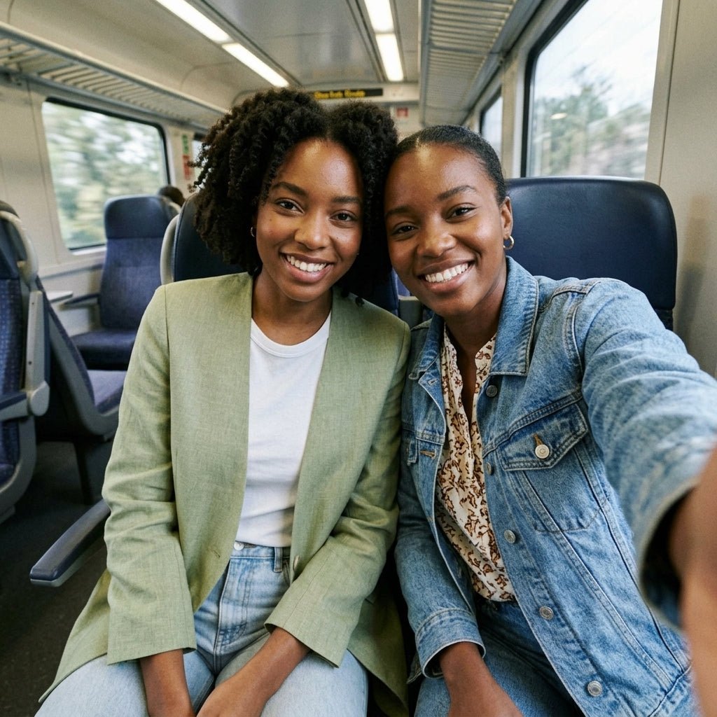 Two women smiling on a train, one wearing the Kouvr sage green linen suit jacket