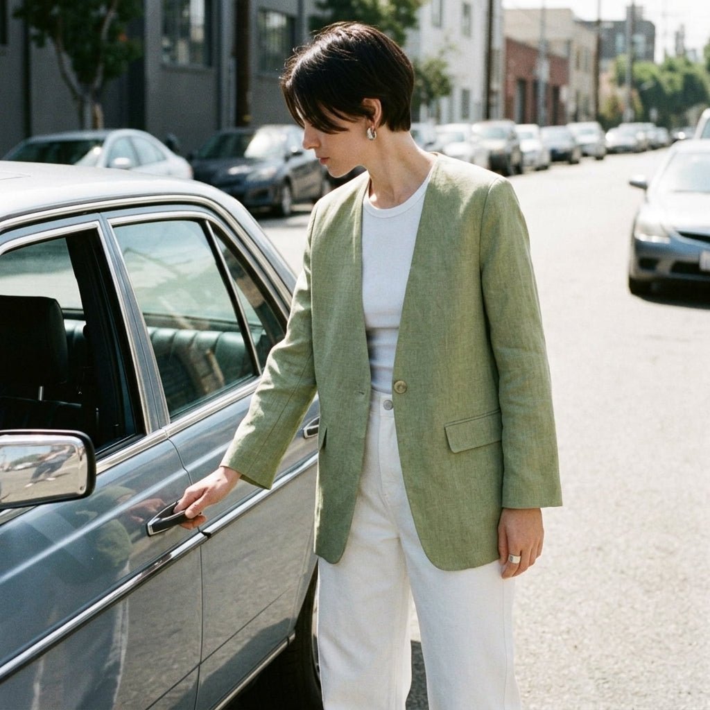Woman opening car door wearing Kouvr green collarless blazer and white denim