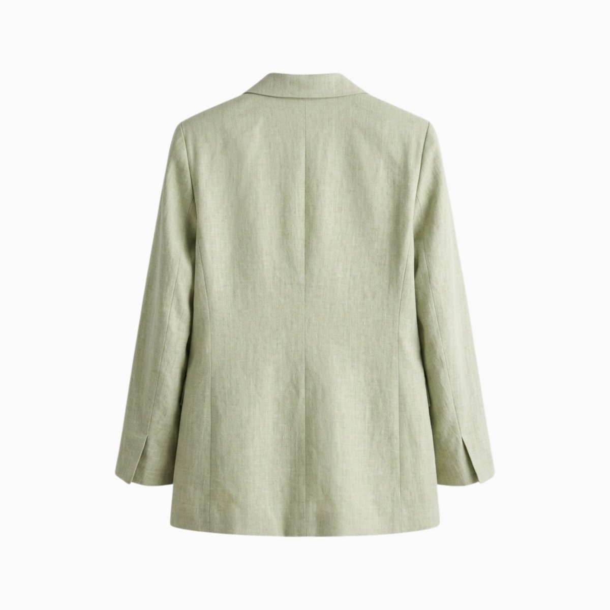 Back view flat lay of green linen blend women's jacket