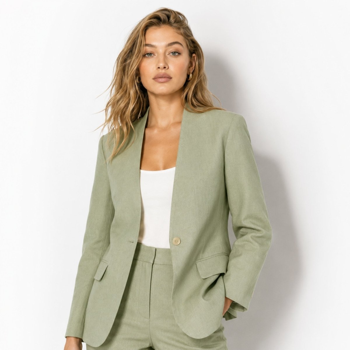 Woman wearing Kouvr green linen collarless blazer with matching trousers