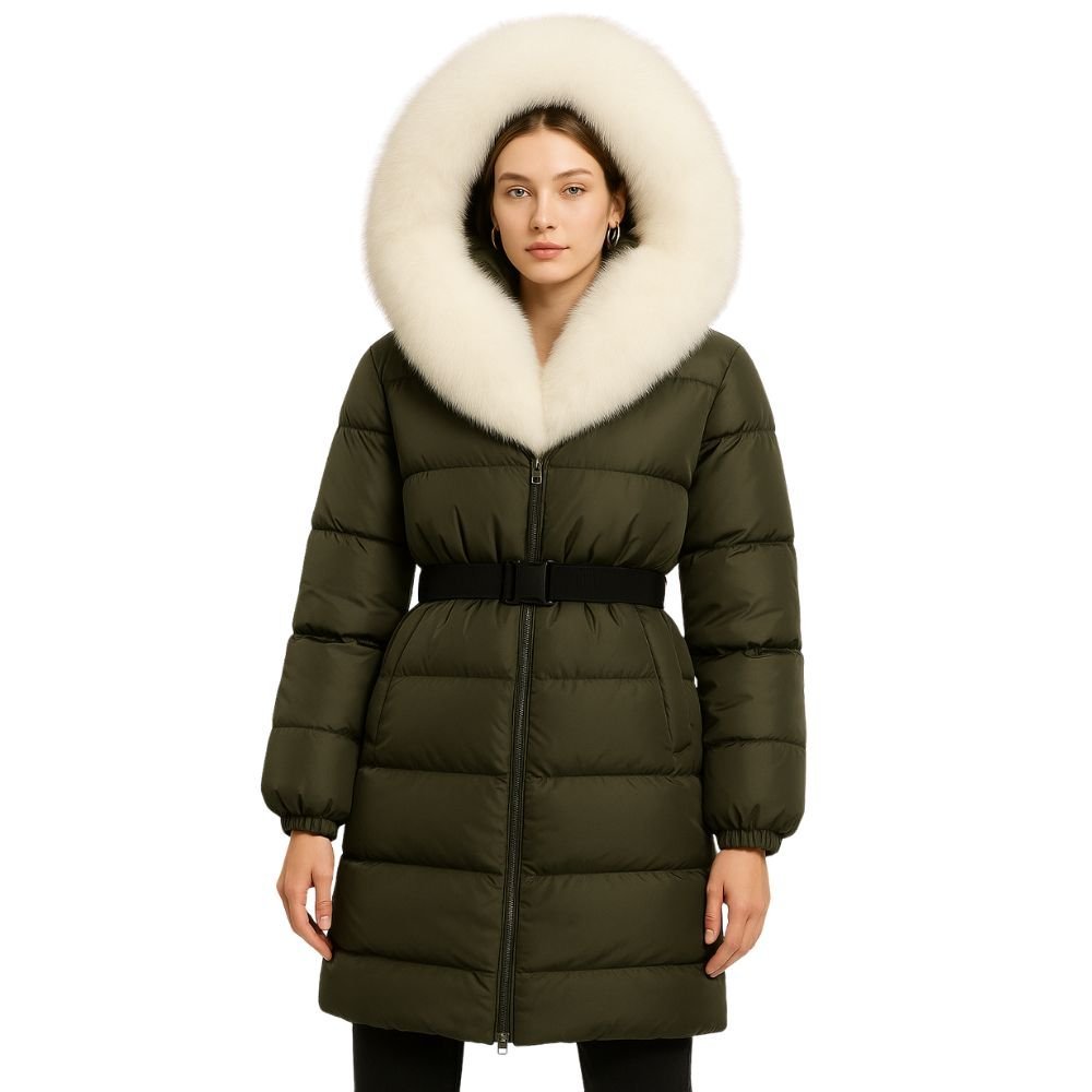 Model wearing Kouvr Fashion belted down puffer coat with oversized white fox fur hood