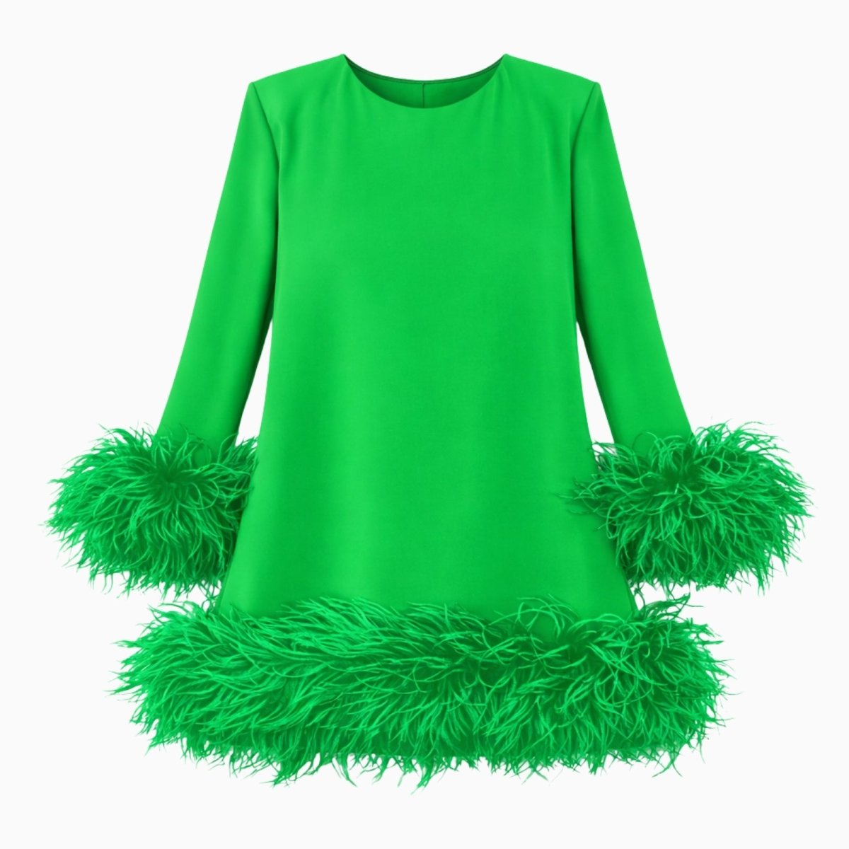 Product-only photo of the Kouvr green mini dress with ostrich feather trim laid flat to show the full design and vibrant color.