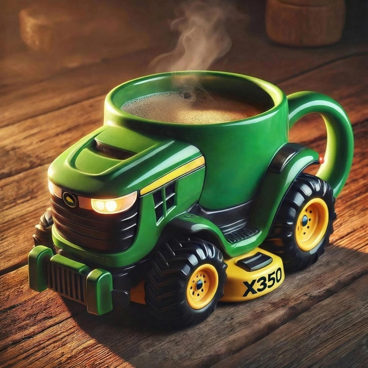 Side profile of the Kouvr green tractor coffee mug, showing detailed wheels and the steaming coffee within, sitting on a rustic wooden table.