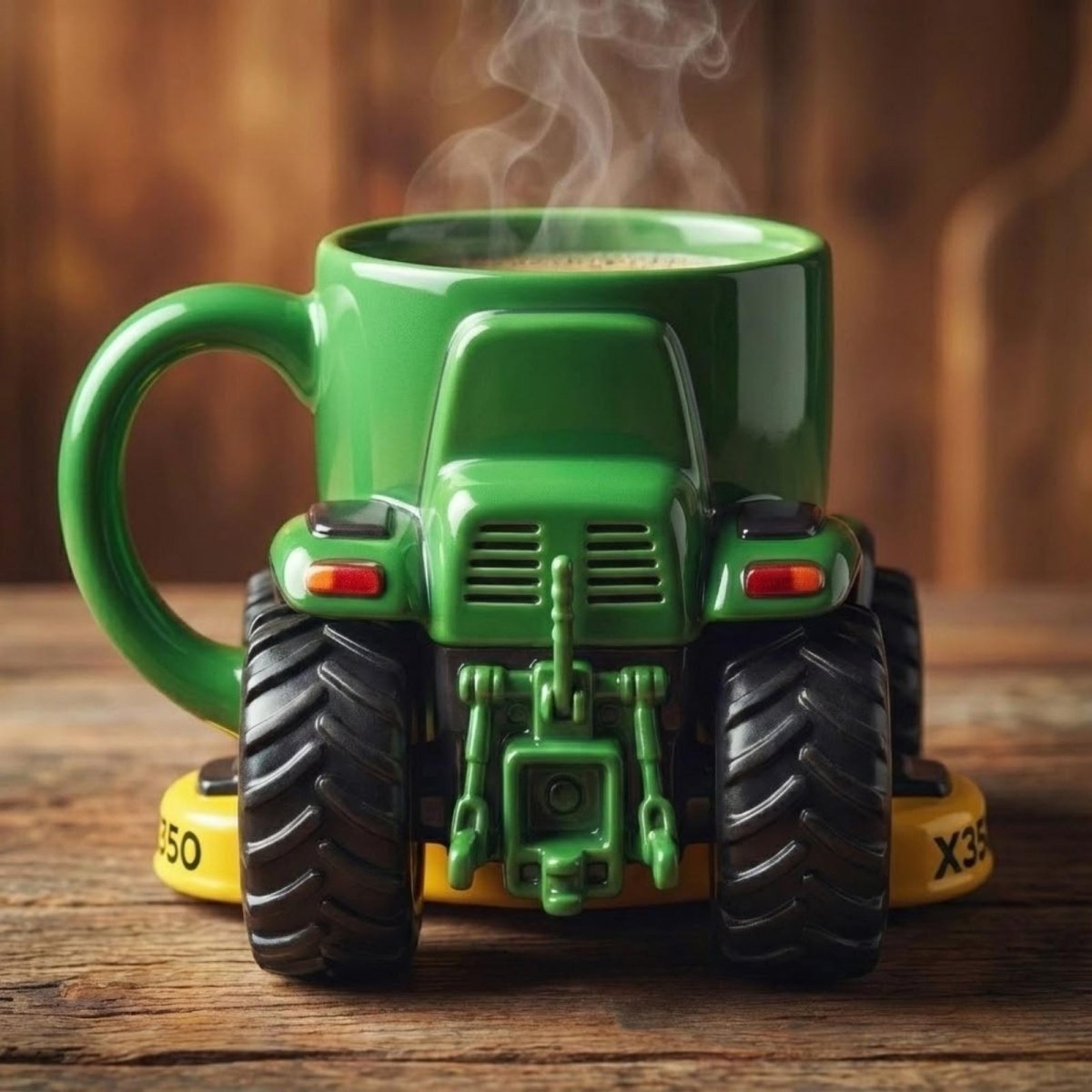 Rear view of the Kouvr green tractor mug, showcasing the ergonomic handle and detailed construction of the back of the vehicle.