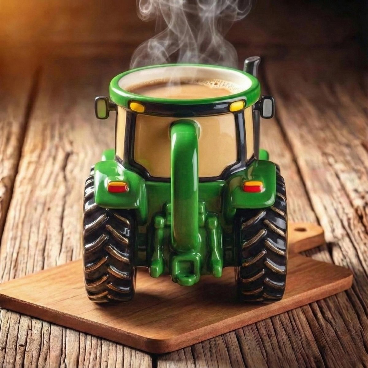 Rear view of the collectible Kouvr tractor coffee mug, showcasing the handle design and rich green glaze on the ceramic body.