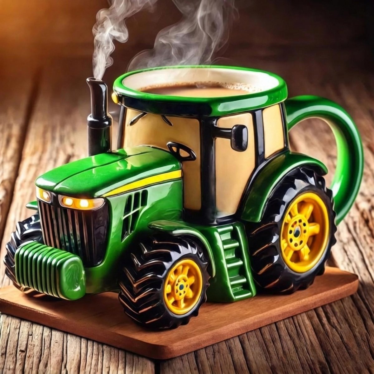 Side view of the Kouvr green tractor mug, showing detailed wheels and cab, filled with steaming coffee on a rustic wooden table.