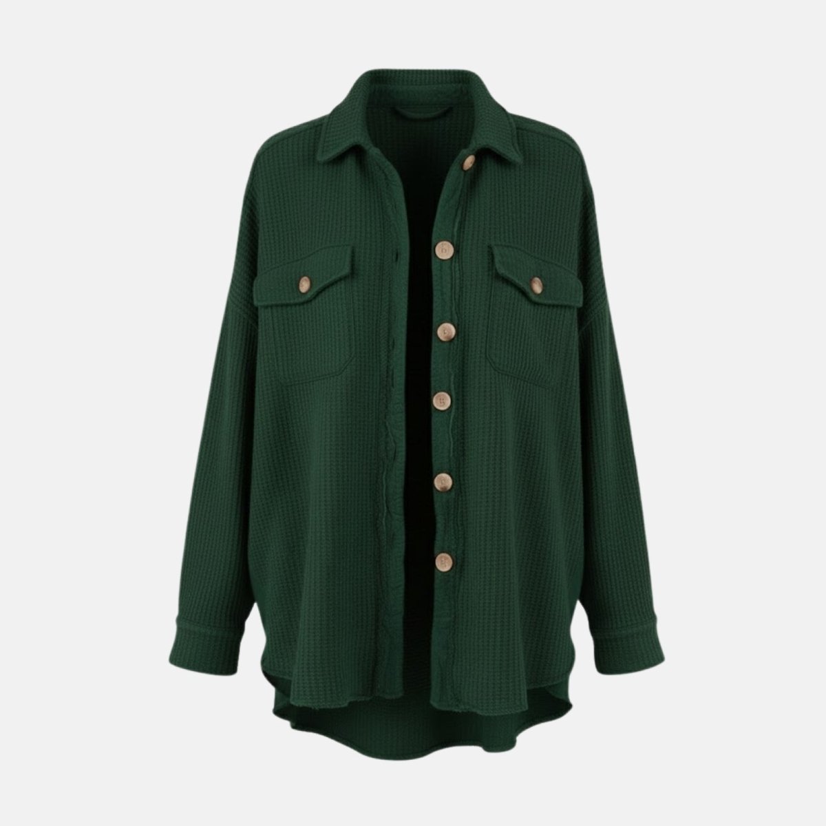 Flat lay of the green button-down waffle knit shacket, showing the collar, chest pockets, and textured fabric.