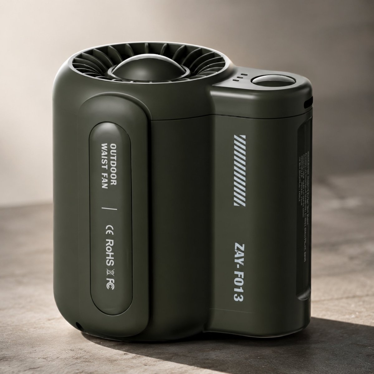 Green portable waist fan with belt clip and turbine vent.
Image Name: kouvr-white-wearable-belt-fan.jpg