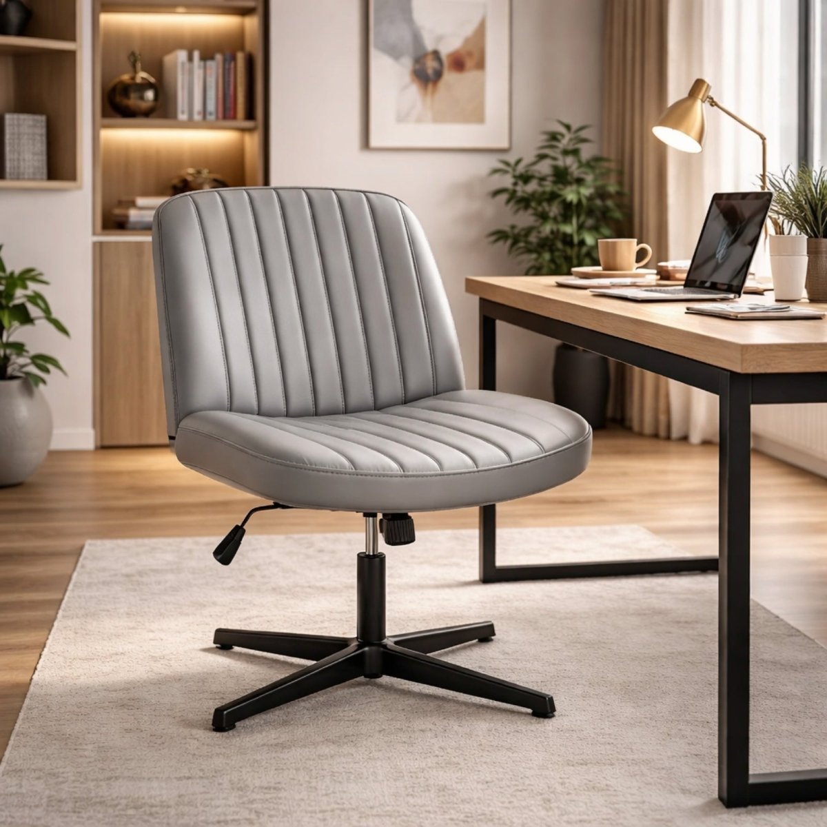Minimalist grey desk chair with wide seat pan and black metal stationary base, perfect for small home offices.