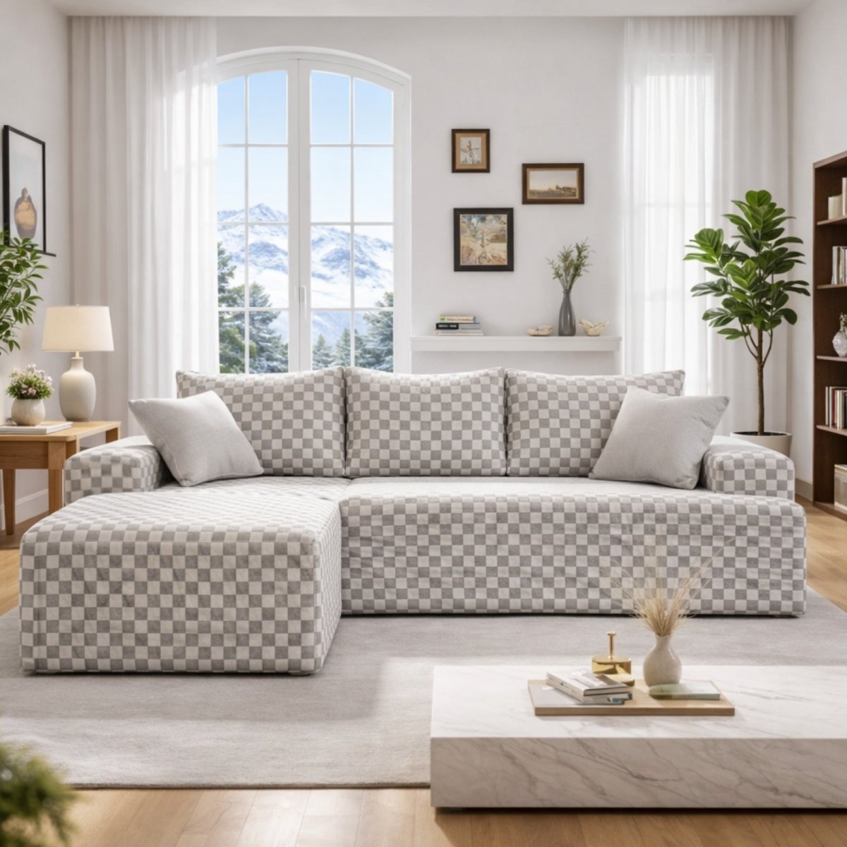 Modern grey and white checkered pattern modular floor sofa arranged in an L-shape configuration with thick cushioned seats.