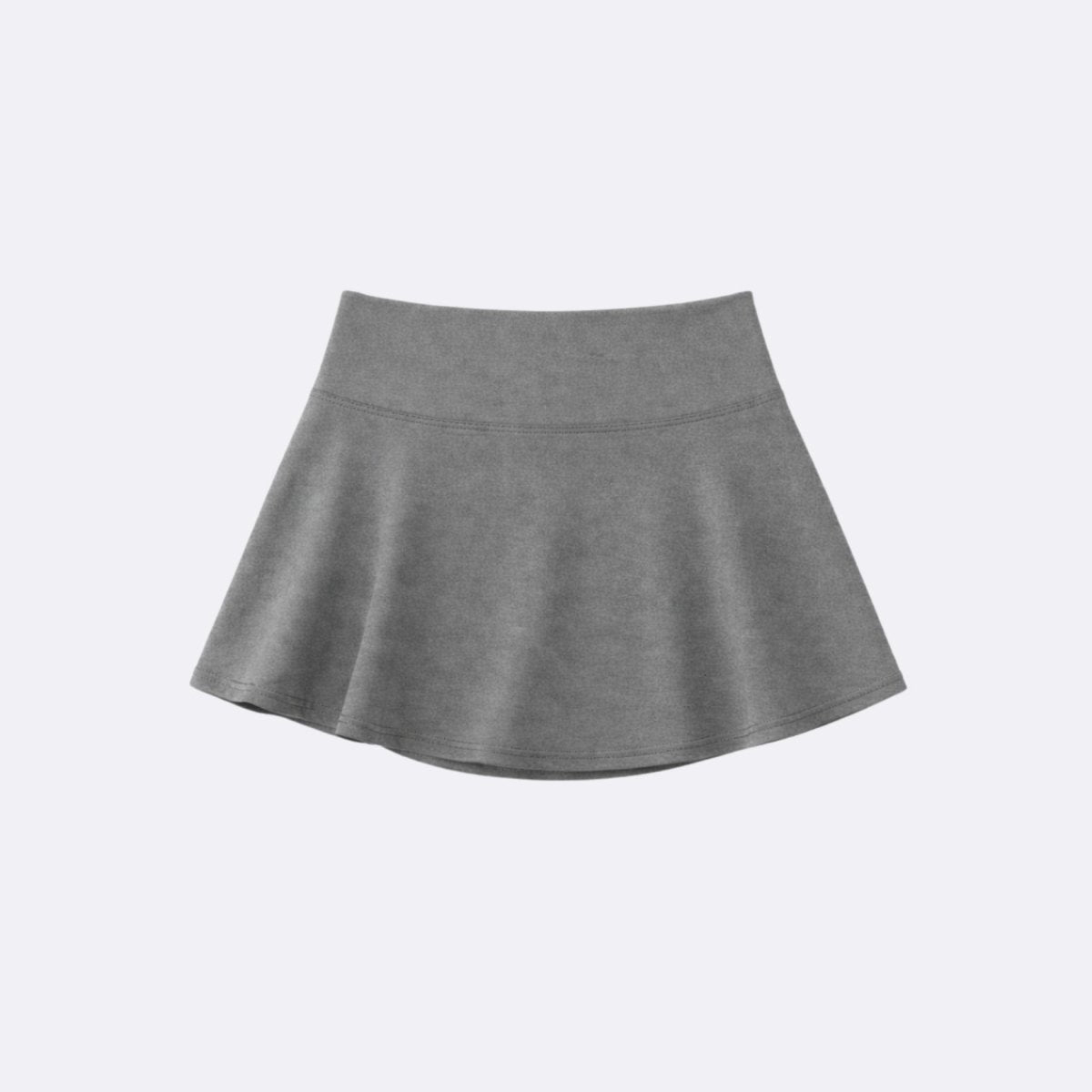 Back flat lay of unlined luxury grey mini active skirt.