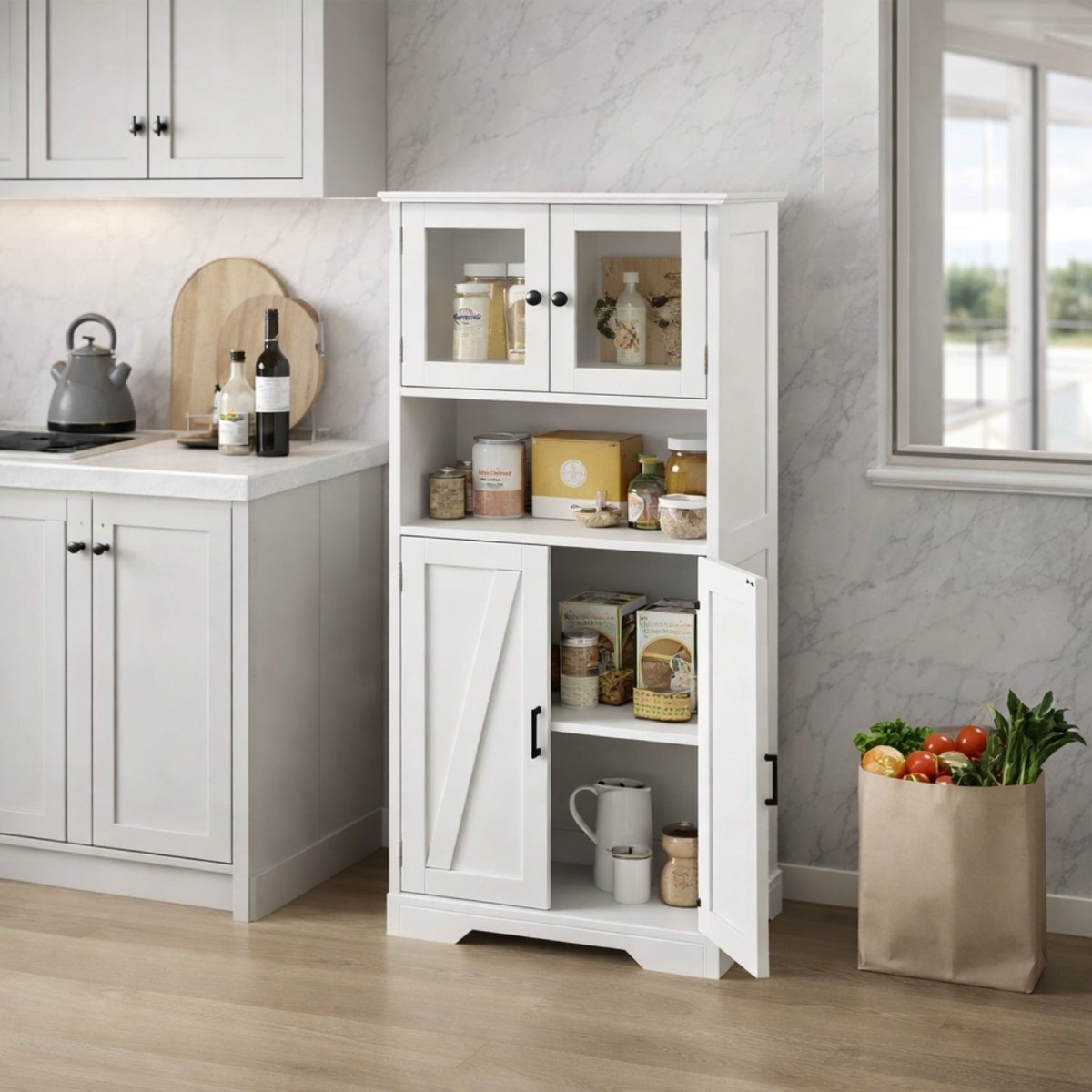 Kitchen pantry organization idea showing Kouvr cabinet filled with dry goods, olive oils, and grocery bags, highlighting deep storage capacity.