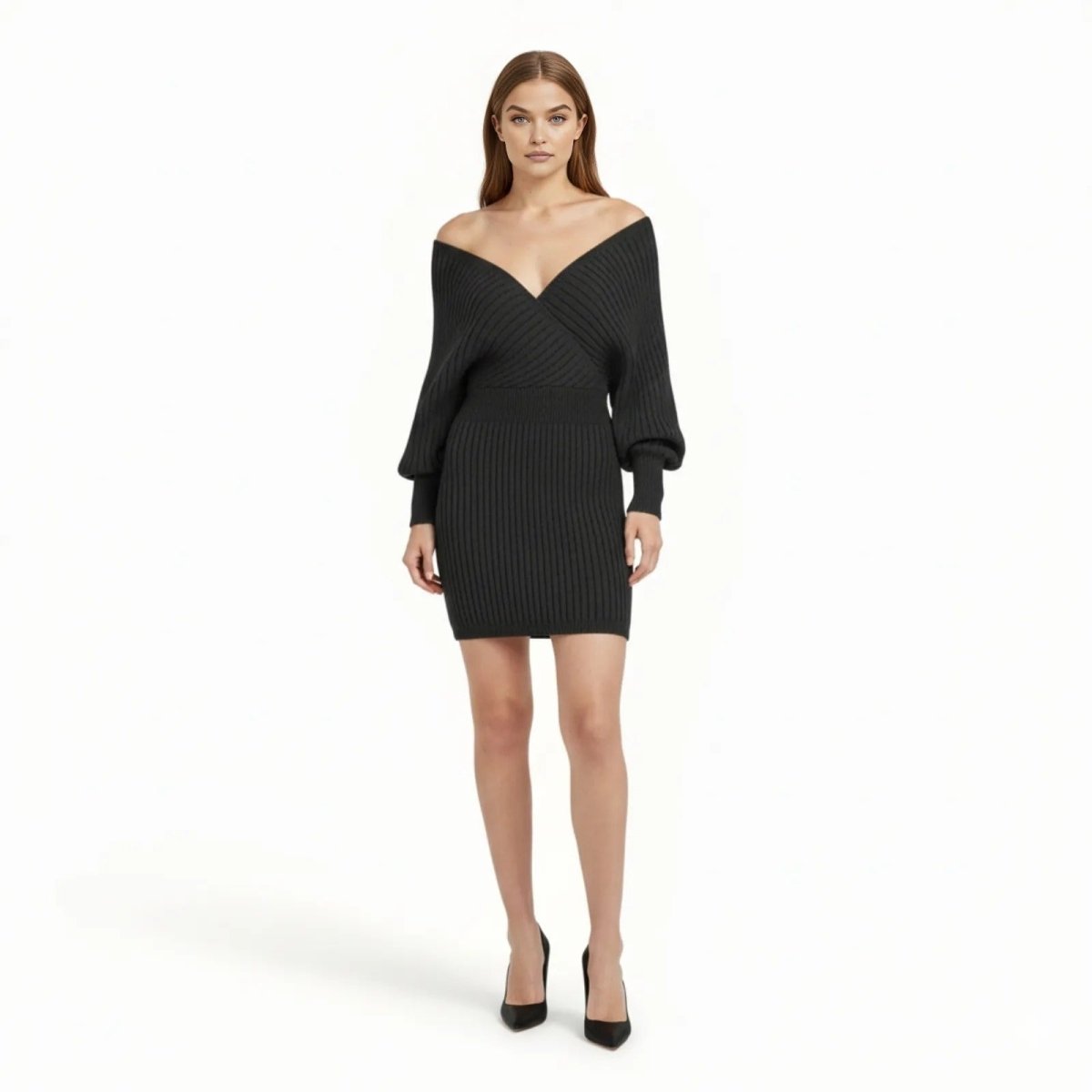 Model wearing the Kouvr Gwynth black off-the-shoulder ribbed knit mini dress with long balloon sleeves, front view.