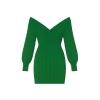 Flat lay of the Kouvr Gwynth off-shoulder ribbed knit mini dress in emerald green on a white background.