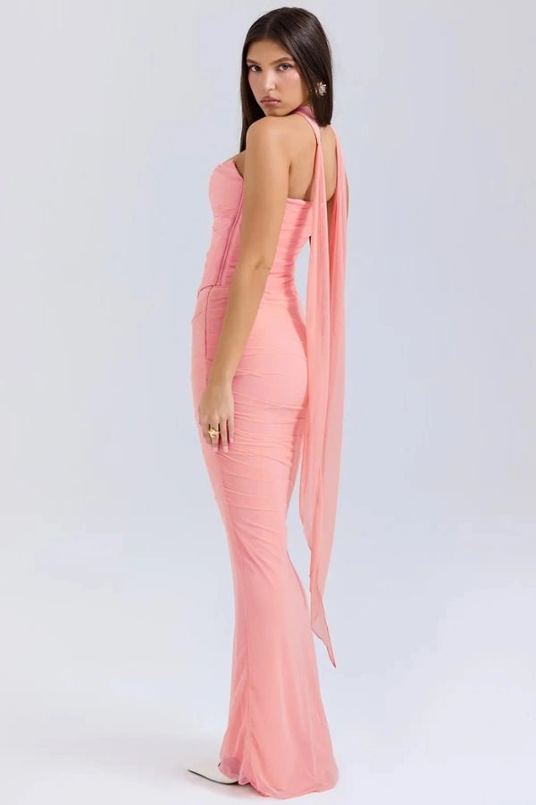 Side and back profile of the Hailey pink strapless gown showing the ruched mesh fabric, corset bodice, and mermaid silhouette.