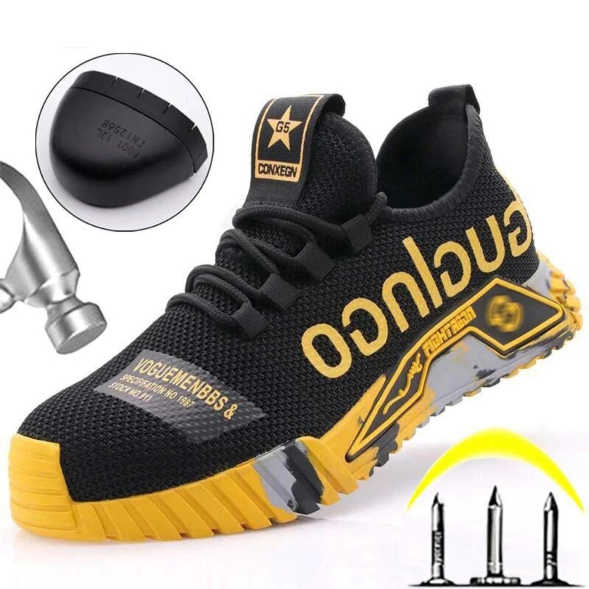 Black and yellow Kouvr safety shoe with brand logo, close-up of sole, hammer, and candle illustrations on a white background.