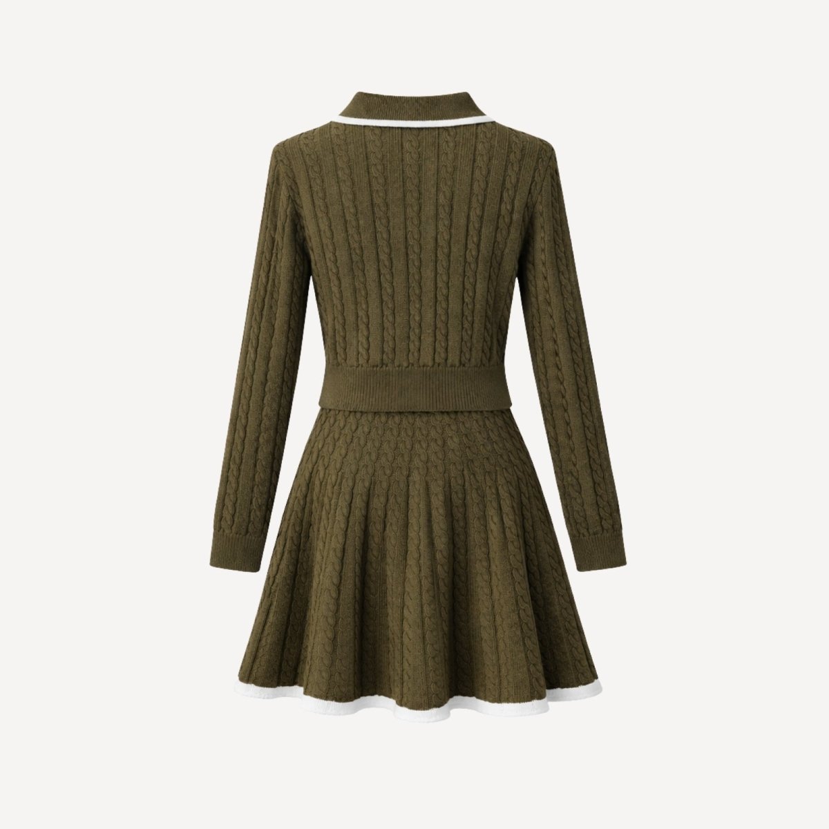Flat lay of the Kouvr Harper cable knit polo dress in deep khaki, displaying the knit texture and white trim details.