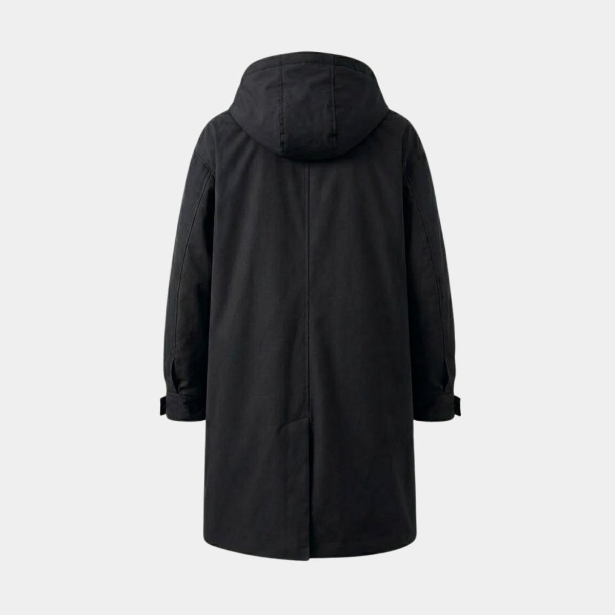 Studio product shot of the back of the black Kouvr Hartley hooded parka, showing the clean lines and seam work.