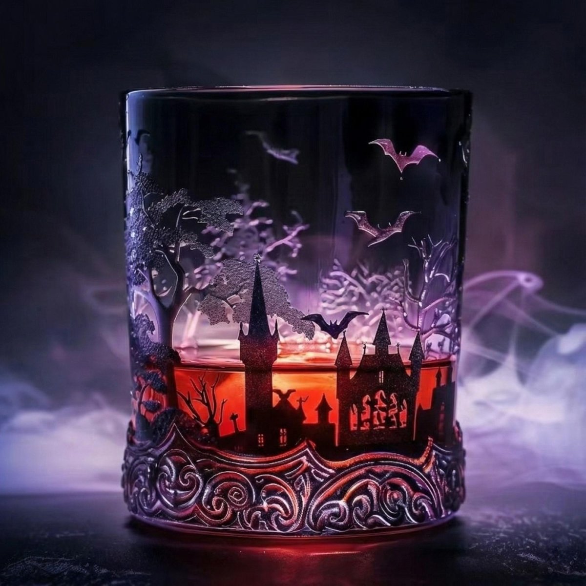 A detailed gothic whiskey glass with an etched haunted castle and bats, holding an amber liquid, with a purple and red atmospheric light.