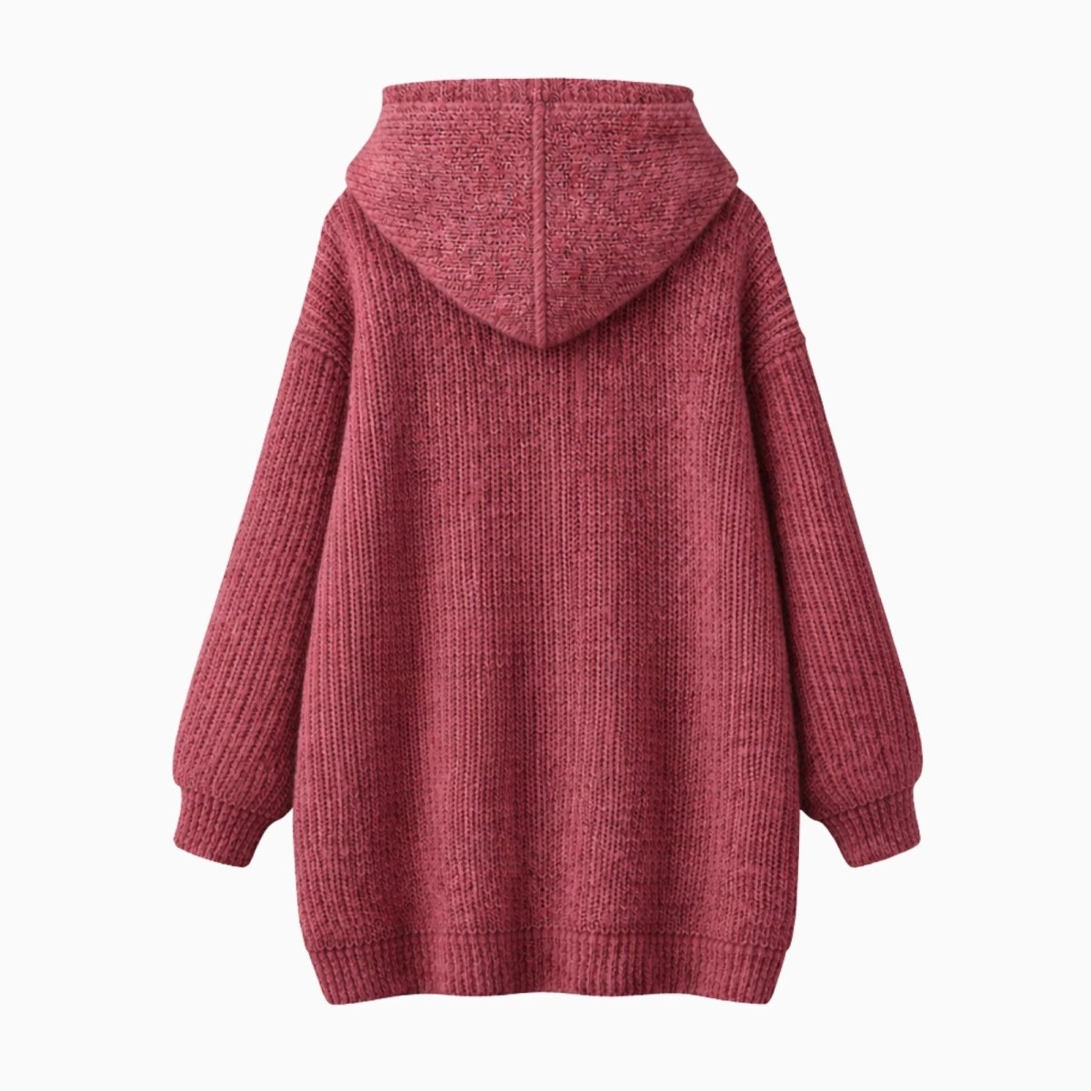 Flatlay studio shot of the back of the Kouvr Haven chunky knit hoodie in dark pink, displaying the knit texture and shape of the hood.