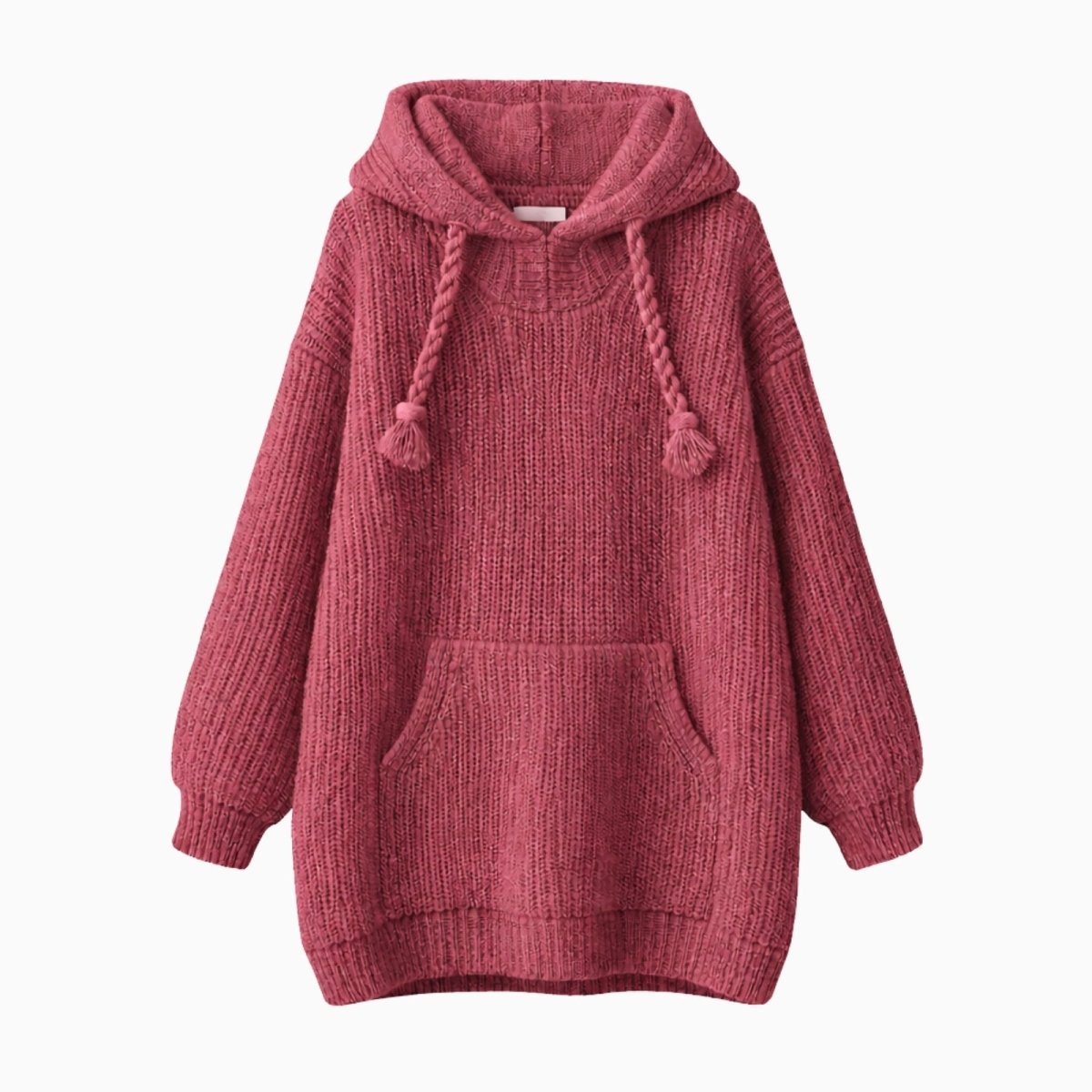 Flatlay studio shot of the Kouvr Haven chunky knit hoodie in dark pink, showing the front details including the kangaroo pocket and tassel drawstrings.