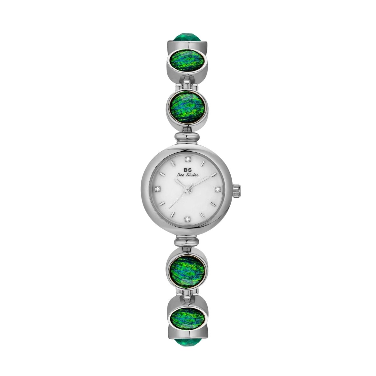 Silver kouvr watch with green gemstones on a white background