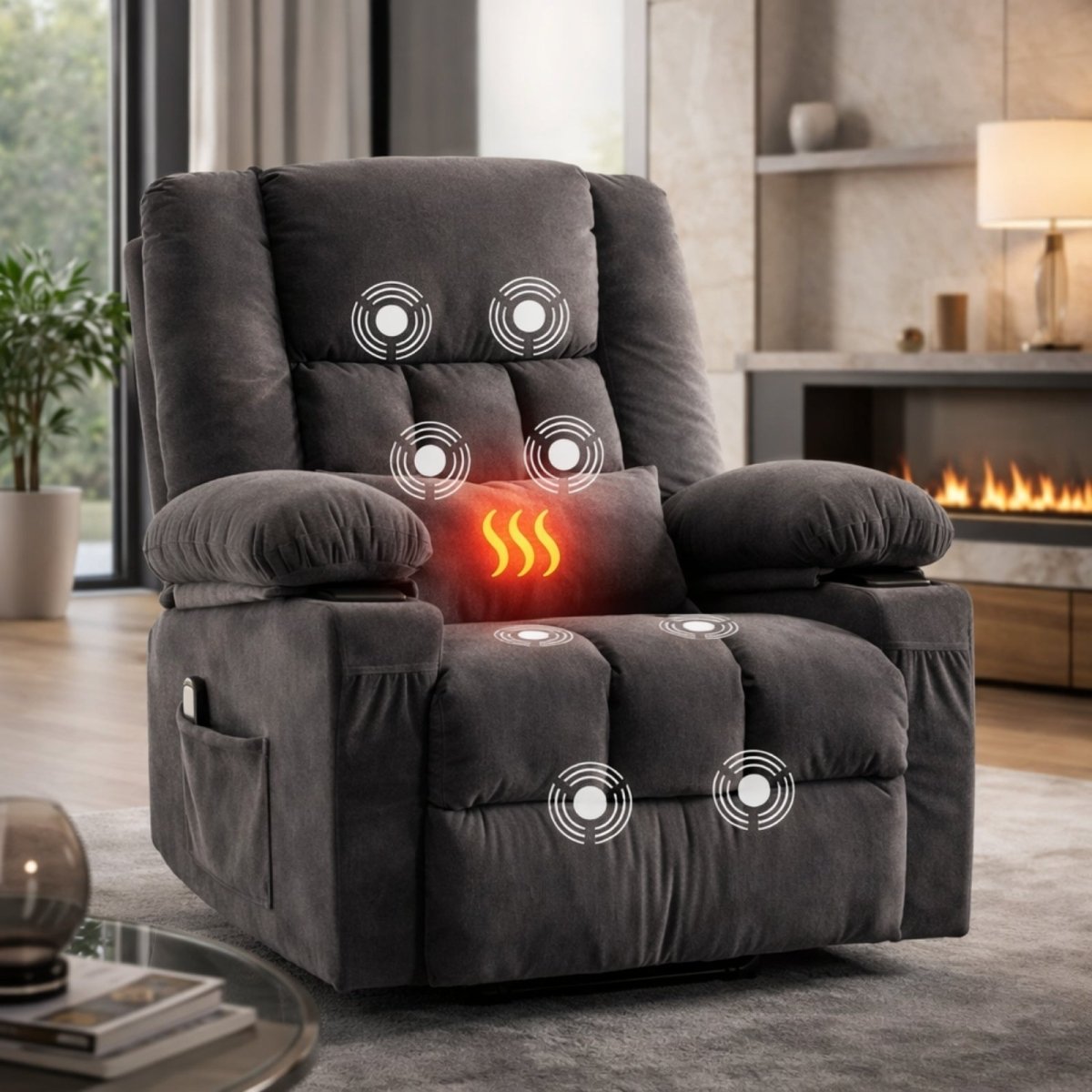 Diagram showing 8 vibration massage points and lumbar heating zone on the Kouvr recliner chair for back pain relief.