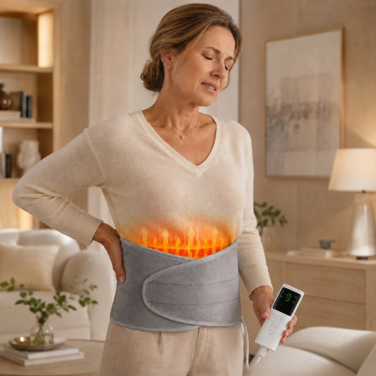 Elegant woman wearing Kouvr plush gray heated waist belt over a cream knit sweater for soothing thermal abdominal and lower back compression relief.