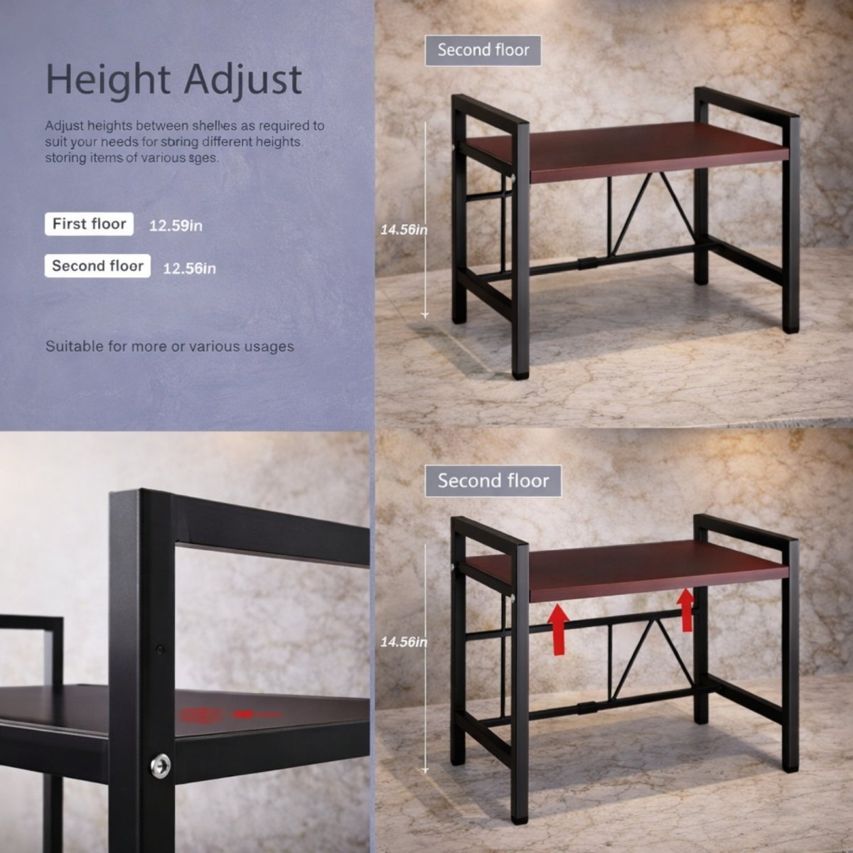 Infographic illustrating the two height adjustment levels of the Kouvr storage rack to accommodate items of different sizes.