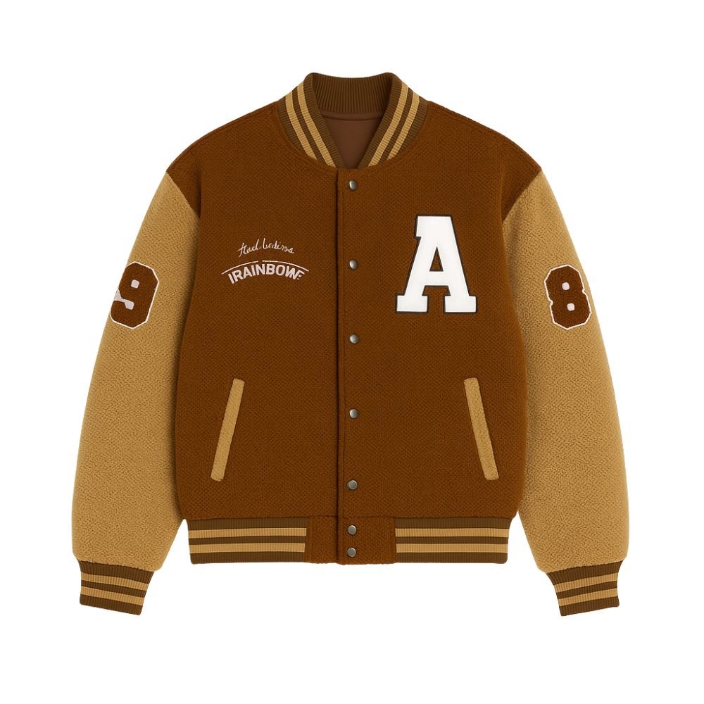 Kouvr men's brown sherpa fleece varsity jacket with white 'A' patch