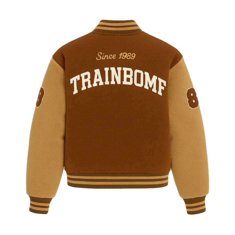 Kouvr men's brown sherpa fleece varsity jacket with white 'A' patch