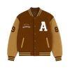 Kouvr men's brown sherpa fleece varsity jacket with white 'A' patch