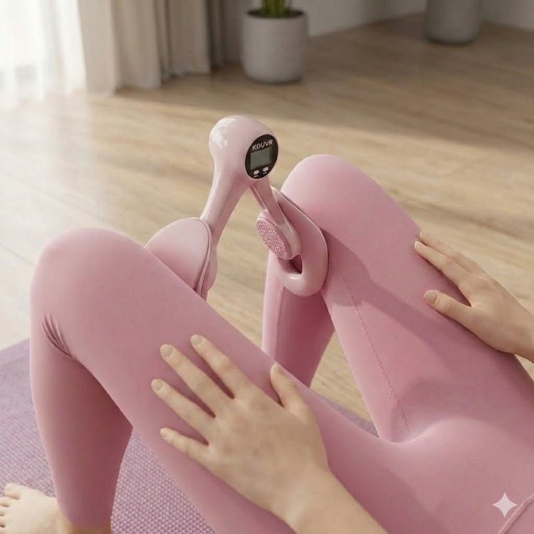 Wide-angle view of a blonde woman in pink activewear performing a glute bridge with the pink KOUVR hip trainer on a purple yoga mat in a sunlit room with plants in the background.