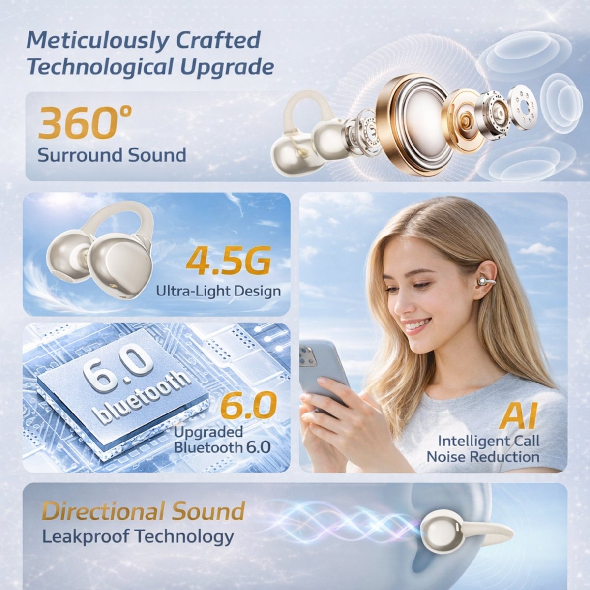 An infographic detailing the technical features of the Kouvr hollis, including Bluetooth 6.0, 360 surround sound, and AI noise reduction.