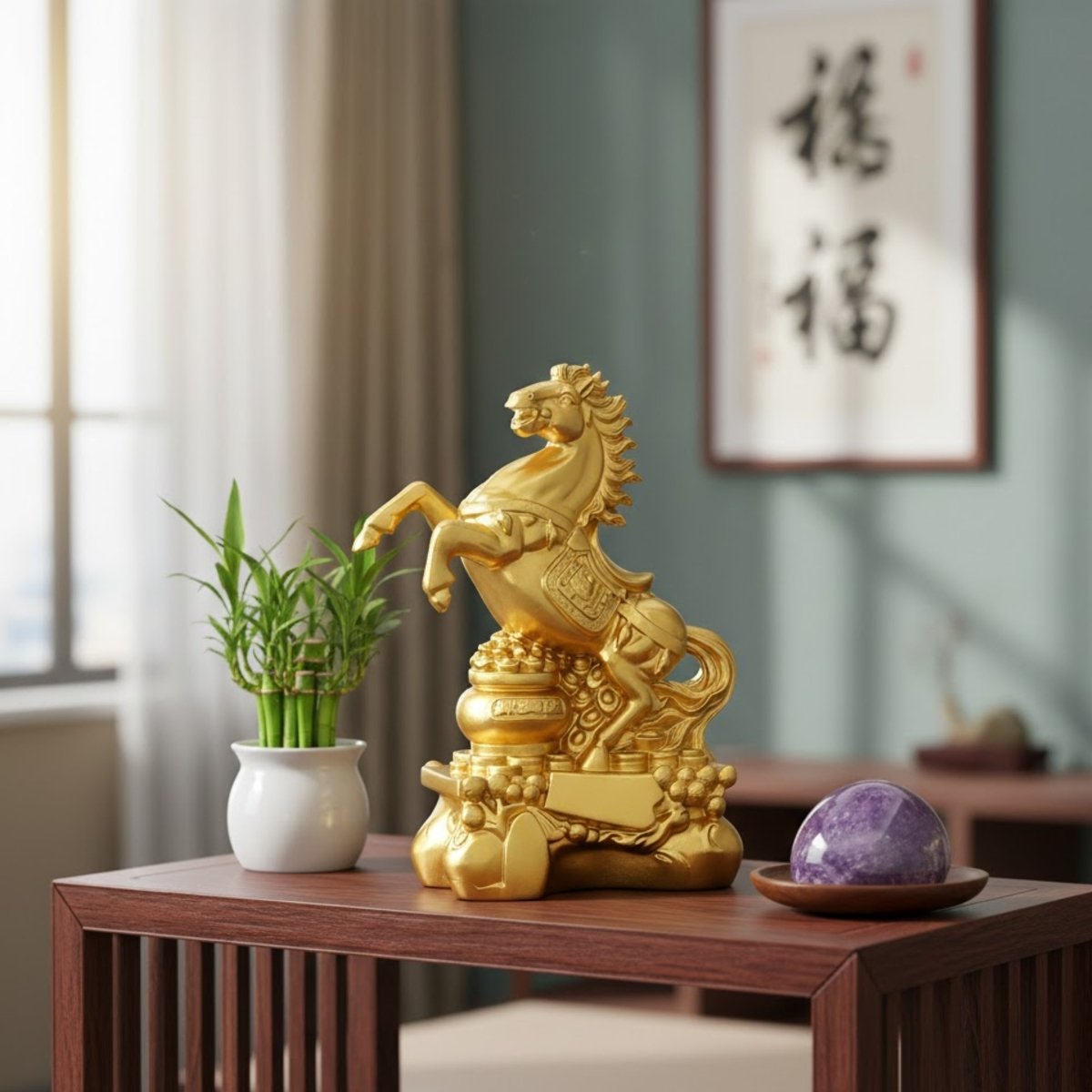 A Feng Shui golden horse statue for wealth and good fortune displayed on a wooden table in a modern home interior next to a lucky bamboo plant