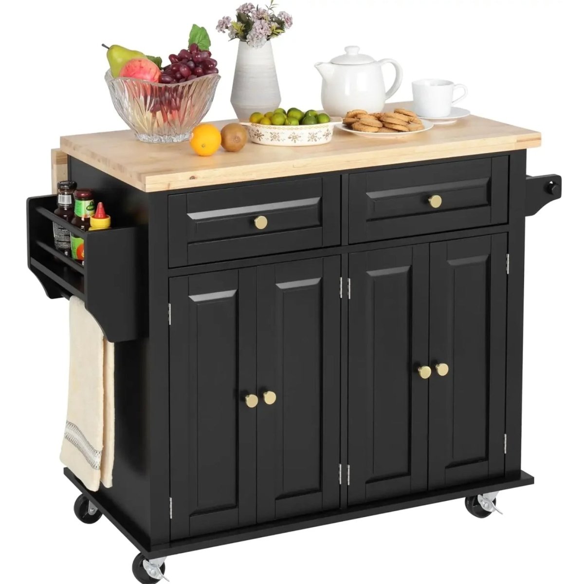 Black kouvr kitchen island with wooden top, drawers, and doors on a white background