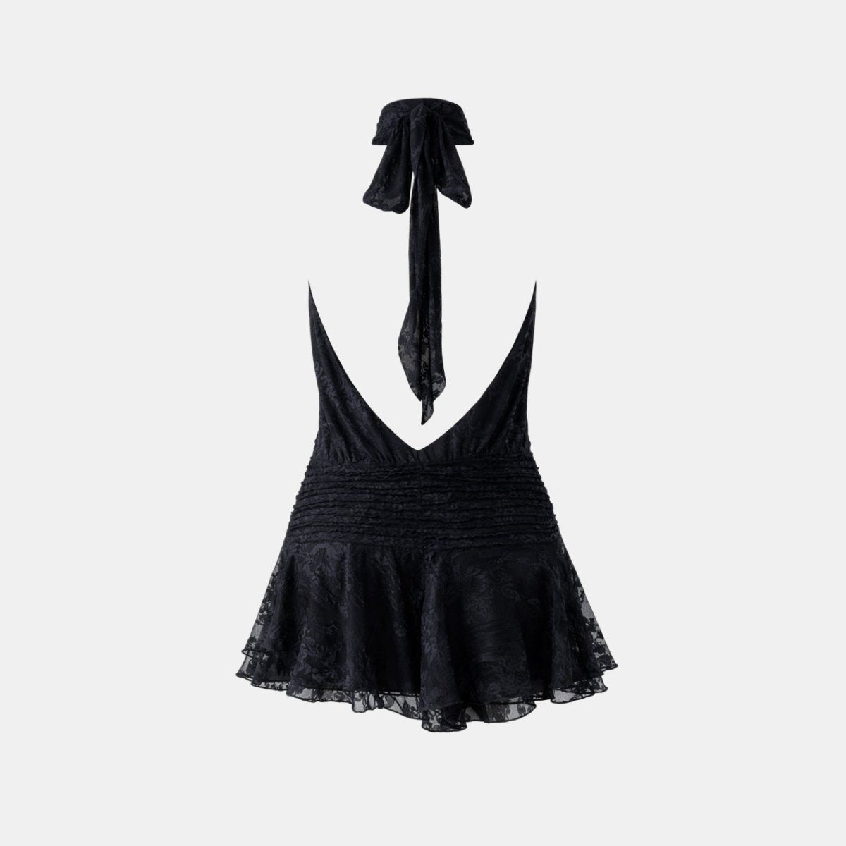 Flat lay of the back of the Hope dark navy lace dress, detailing the deep V-back opening and the long neck tie.