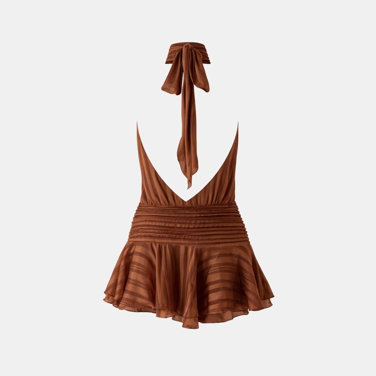 Back view of the Kouvr Hope brown striped halter mini dress on a ghost mannequin, showcasing the deep v-back and tie-neck bow.