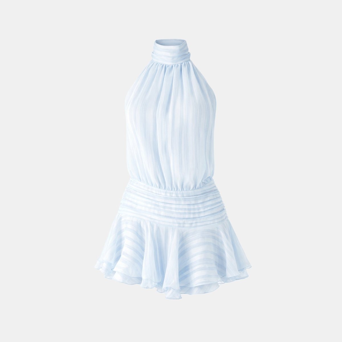 Product-only photo of the front of the Kouvr Hope Sky blue striped halter mini dress on a white background.