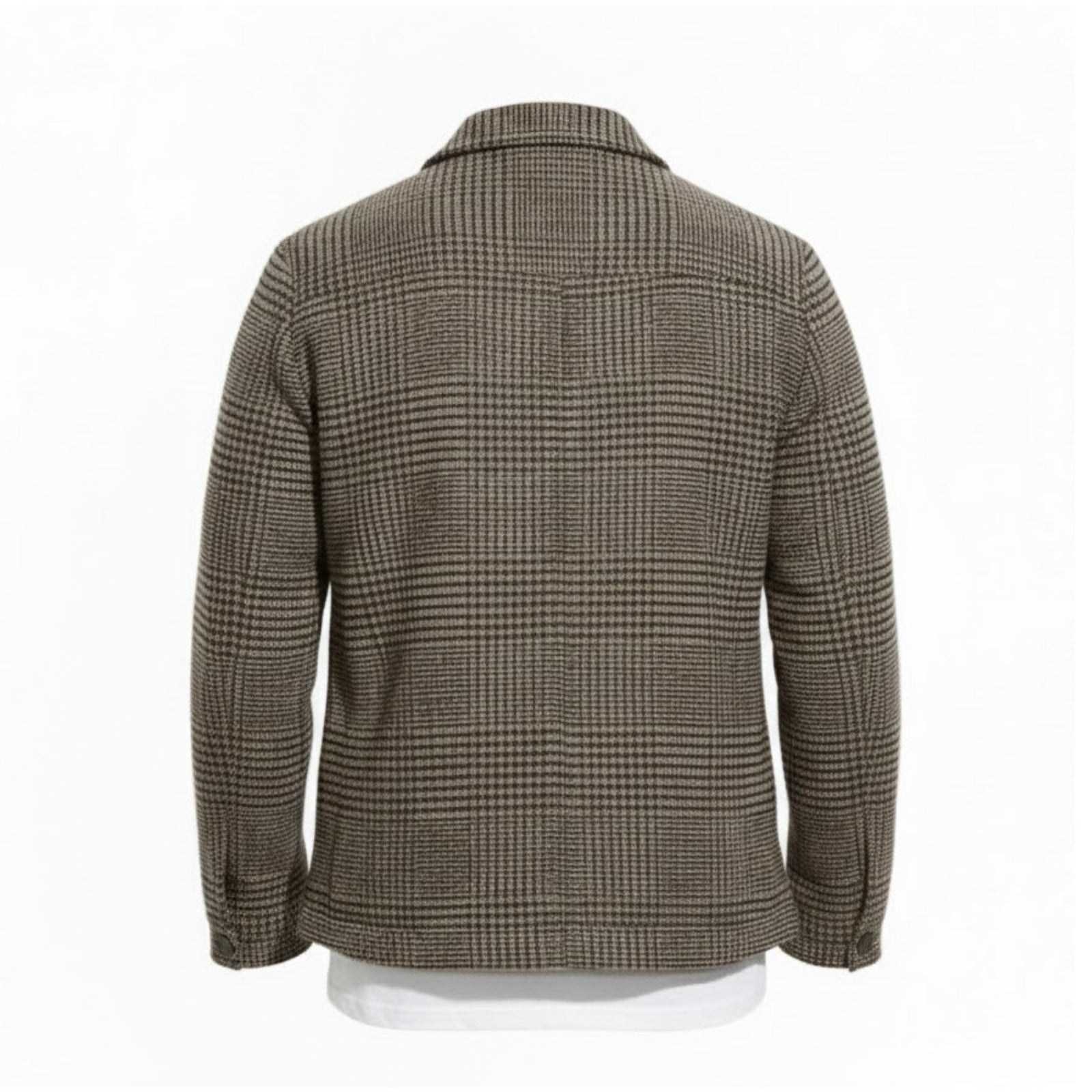 Back view flat lay of the Kouvr men's wool shacket, showing the full houndstooth pattern and construction of the yoke and sleeves.