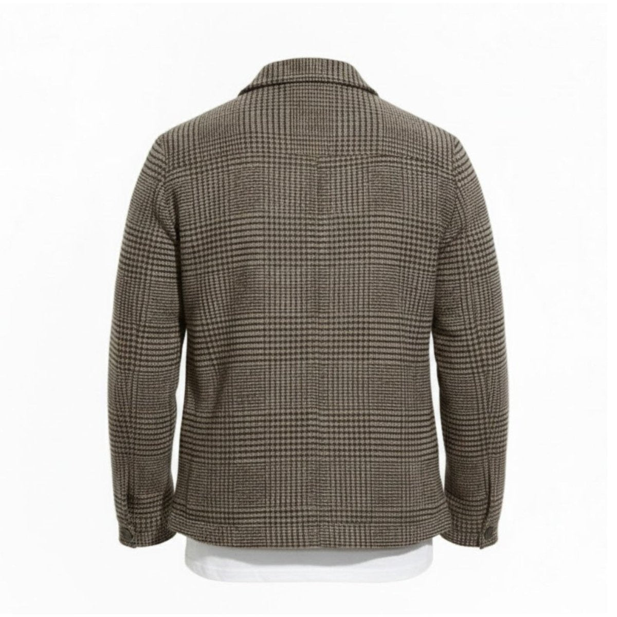 Back view flat lay of the Kouvr men's wool shacket, showing the full houndstooth pattern and construction of the yoke and sleeves.
