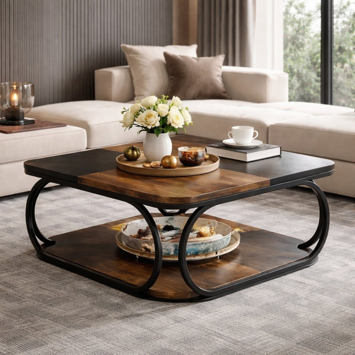 Front view of Kouvr Hudson square coffee table featuring mixed wood quadrant top and black metal frame in a modern luxury living room setting.