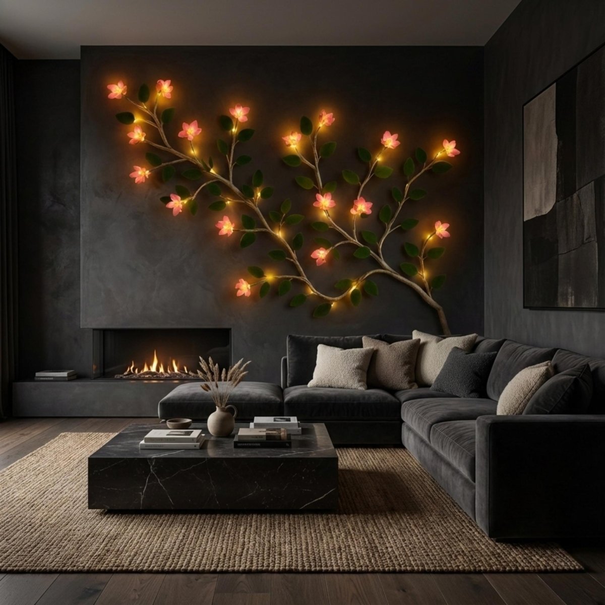 The Kouvr illuminated floral wall sculpture positioned above a modern linear fireplace, highlighting its use as luxury, artistic home decor in a contemporary setting.