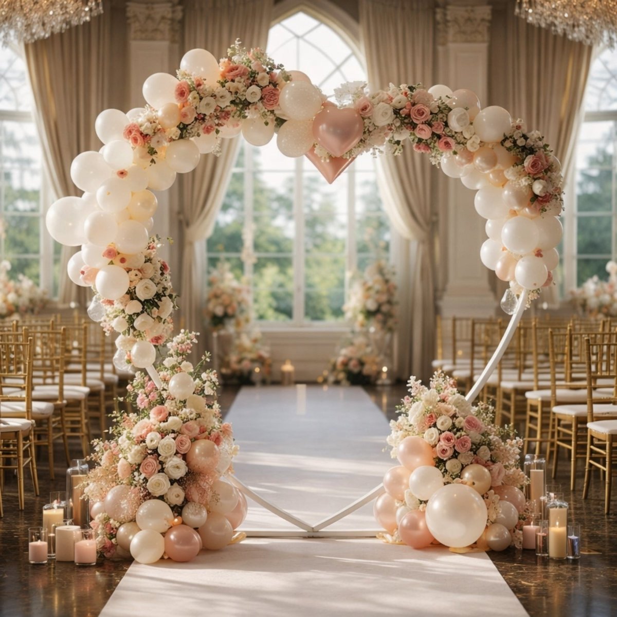 Indoor elegant wedding ceremony decor featuring a heart backdrop stand wrapped in pastel pink balloons and soft floral arrangements.