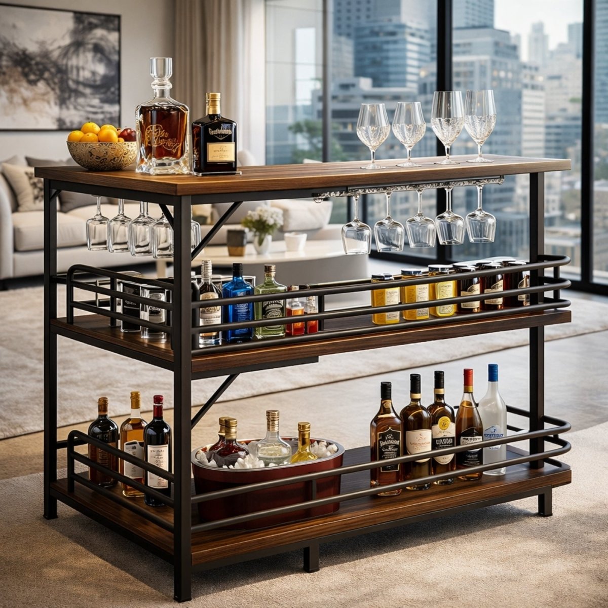 The Kouvr L-shaped corner bar cabinet styled in a modern, sunlit living room with a city view, showcasing liquor bottles, wine glasses, and an ice bucket.