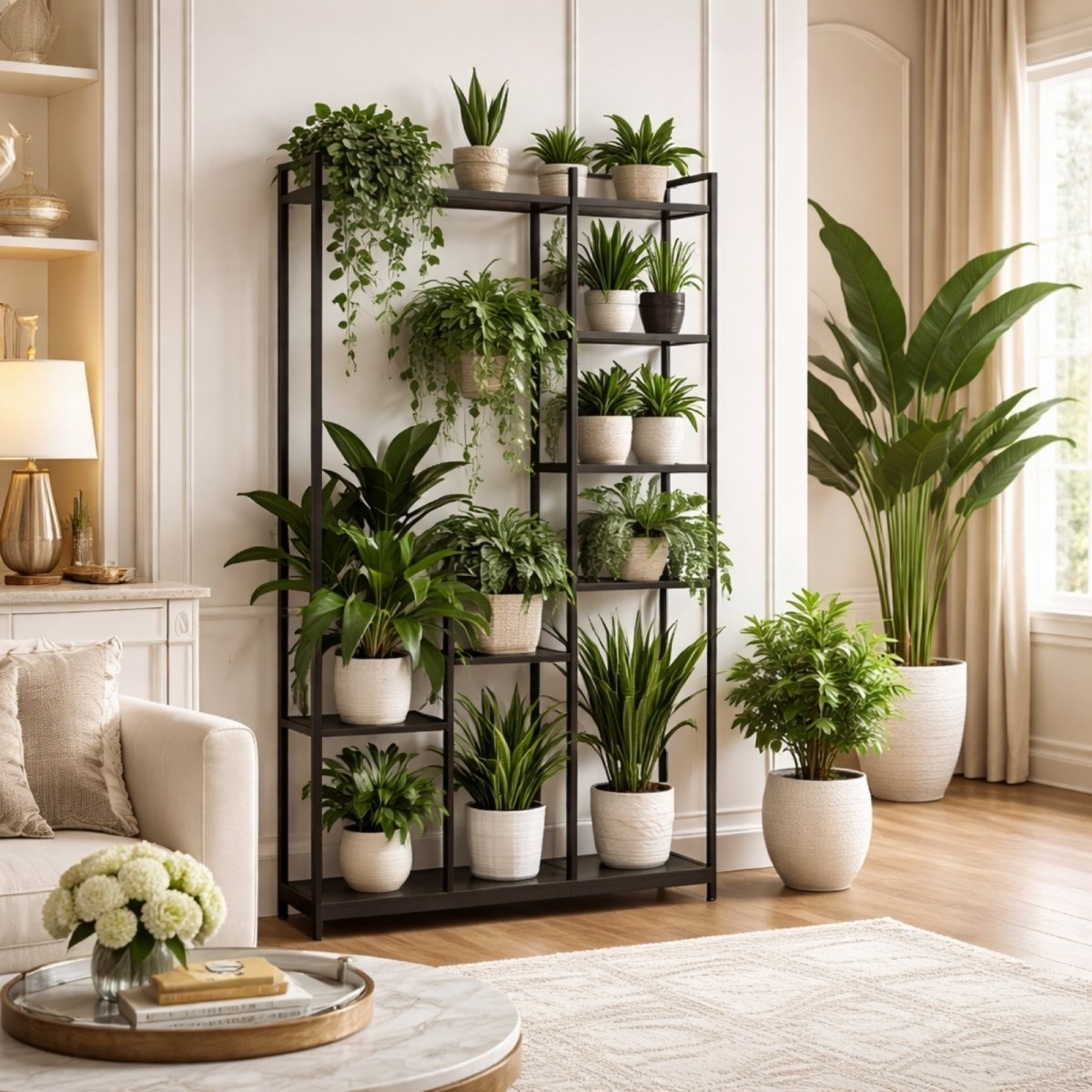 Tall black metal plant stand by Kouvr filled with indoor hanging plants and ferns, showcasing tiered shelving storage in a luxury living room