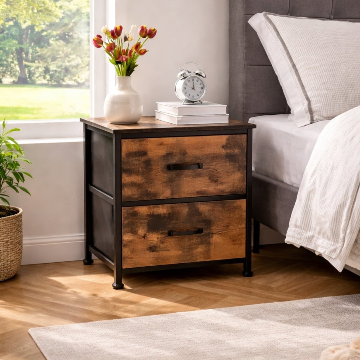 The Kouvr 2-drawer industrial nightstand in rustic brown and black metal, styled in a sunlit bedroom next to a gray upholstered bed.